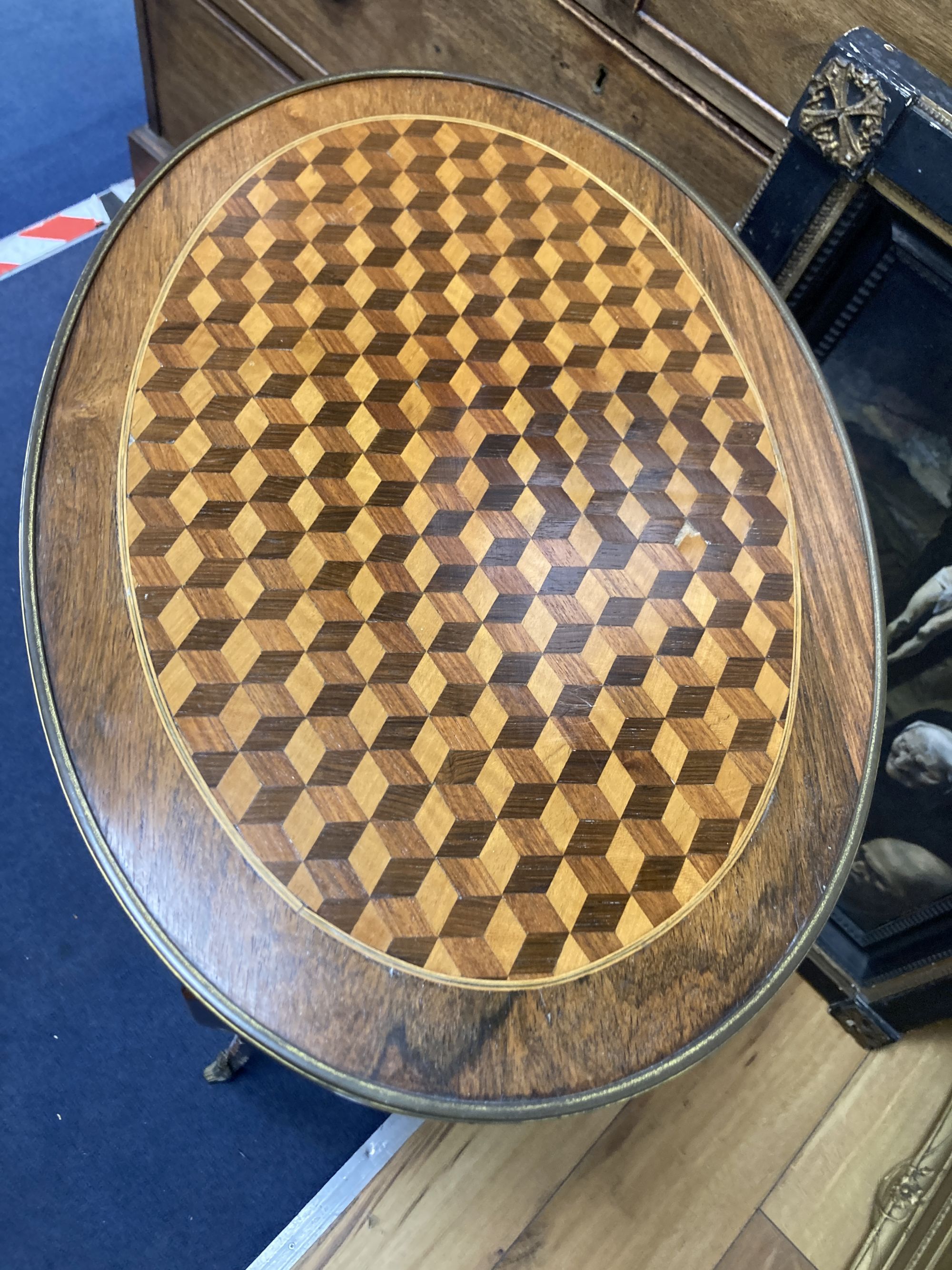 A late 19th century French Louis XV style kingwood, parquetry and ormolu mounted side table, width 49cm, depth 35cm, height 81cm